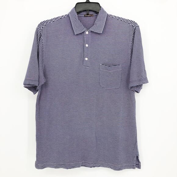 J. McLaughlin Mens Polo Shirt Medium Purple Blue Stripe Collared Short Sleeve - Picture 1 of 9